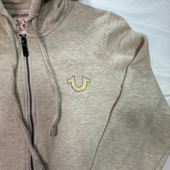 True Religion Gold Logo Full Zip Hoodie Sweatshirt Light Heather Oatmeal Size M - Picture 4 of 15